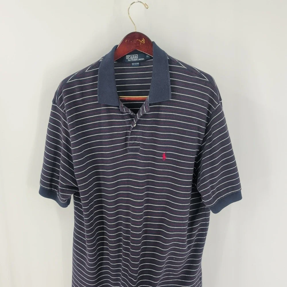 Vintage Polo By Ralph Lauren Striped Classic Golf Polo Shirt Navy Blue Size‎ XL